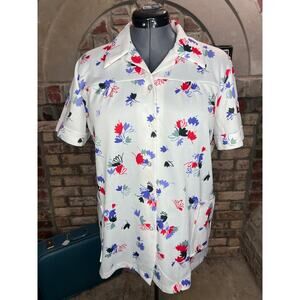 button down shirt 1960’s floral white purple red short sleeve